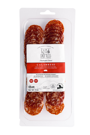 Packaged Calabrese sausage with a white background