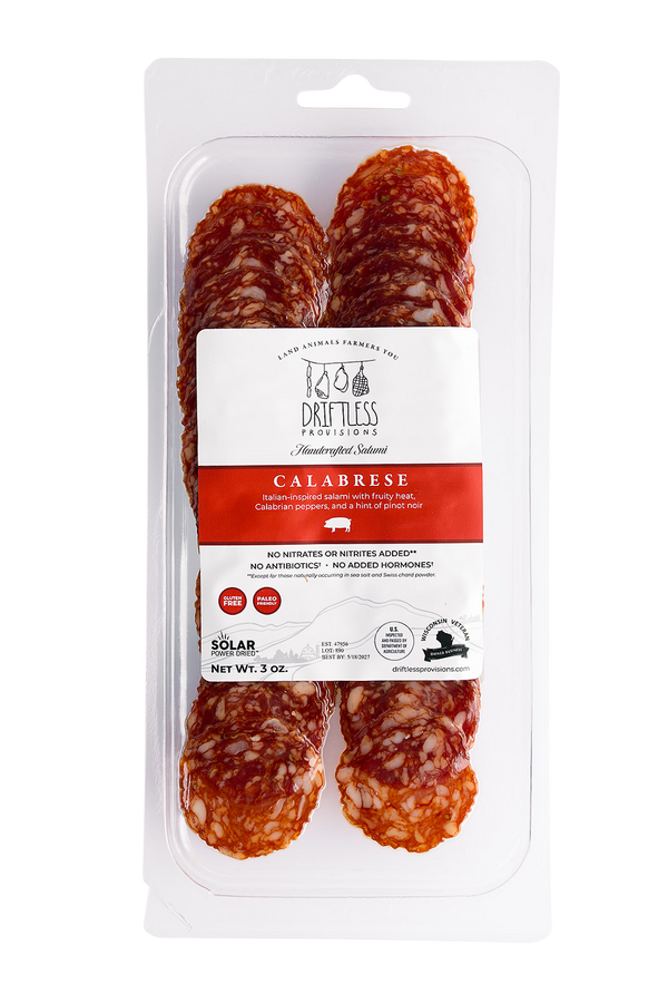 Packaged Calabrese sausage with a white background