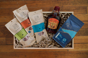 Gift package featuring nitrate free salami, bourbon barrel aged syrup and Wonderstate "Drfitless" coffee